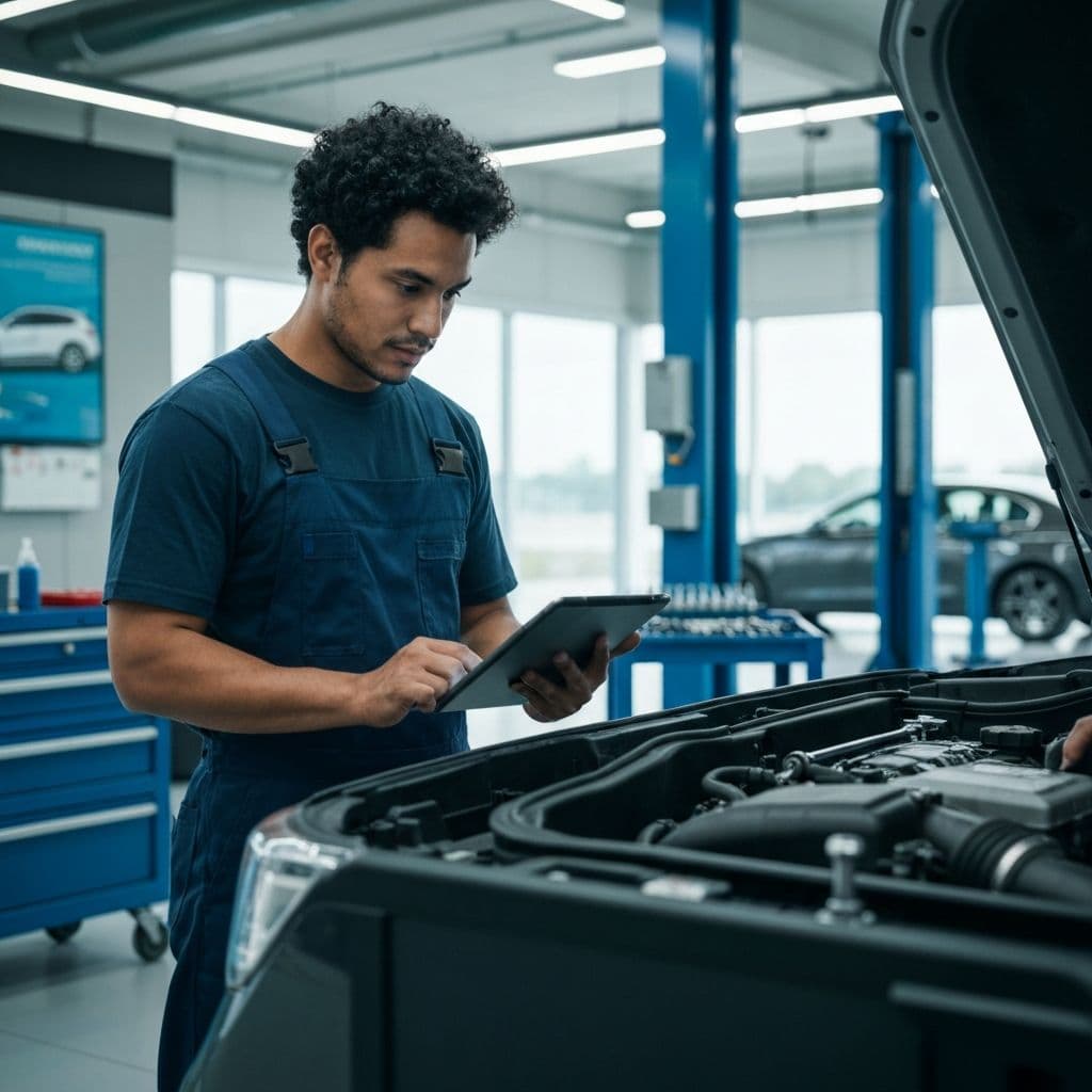 Mechaniker mit Tablet in der Werkstatt